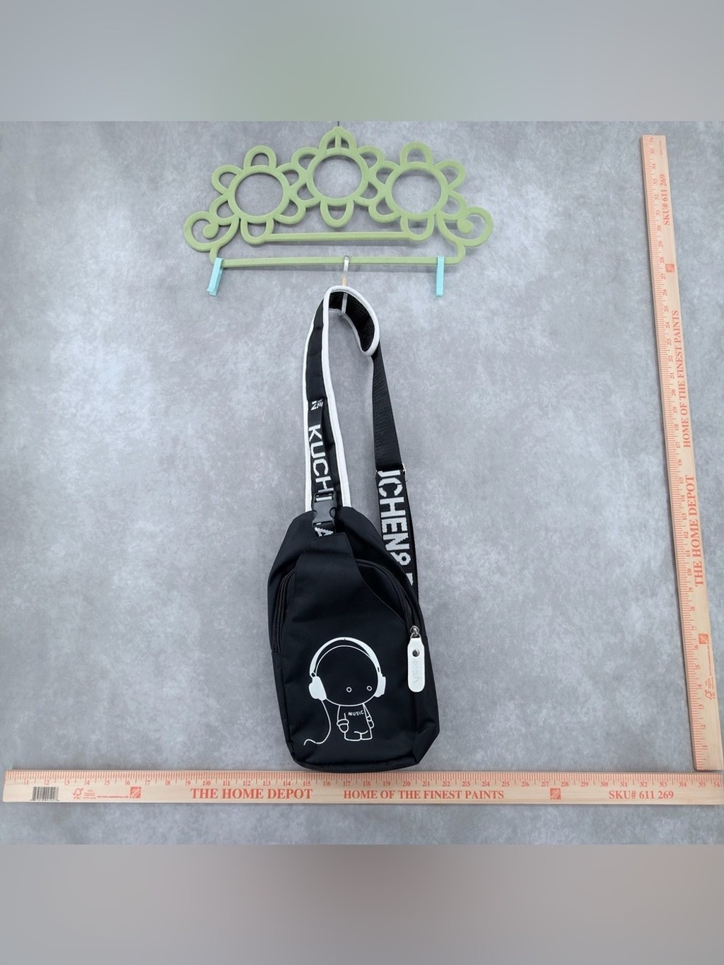 Black Crossbody Sling Bag with Headphone Graphic