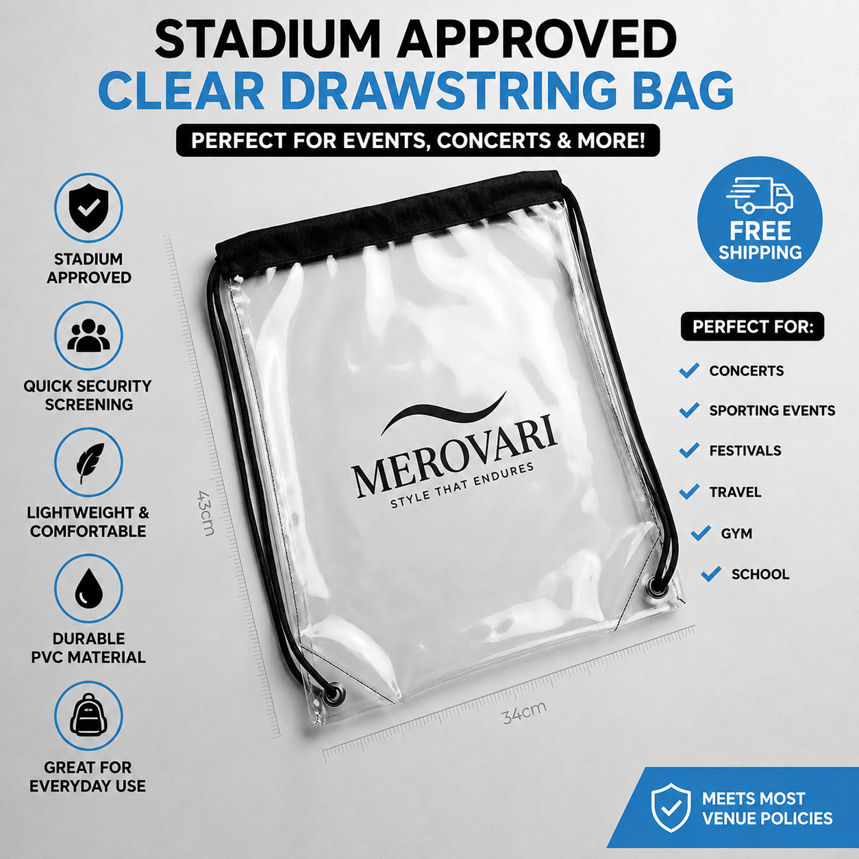Clear Drawstring Backpack Stadium Approved Transparent Bag Concert Travel Gym