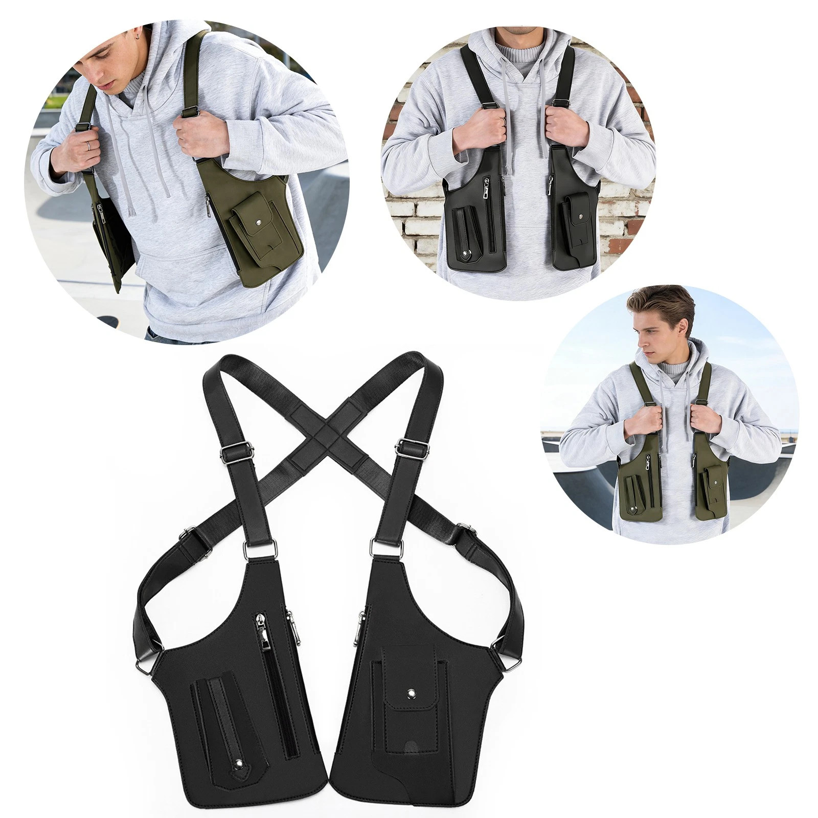 Double Shoulder Armpit Bag for Men Anti Theft with Double Straps Black Color