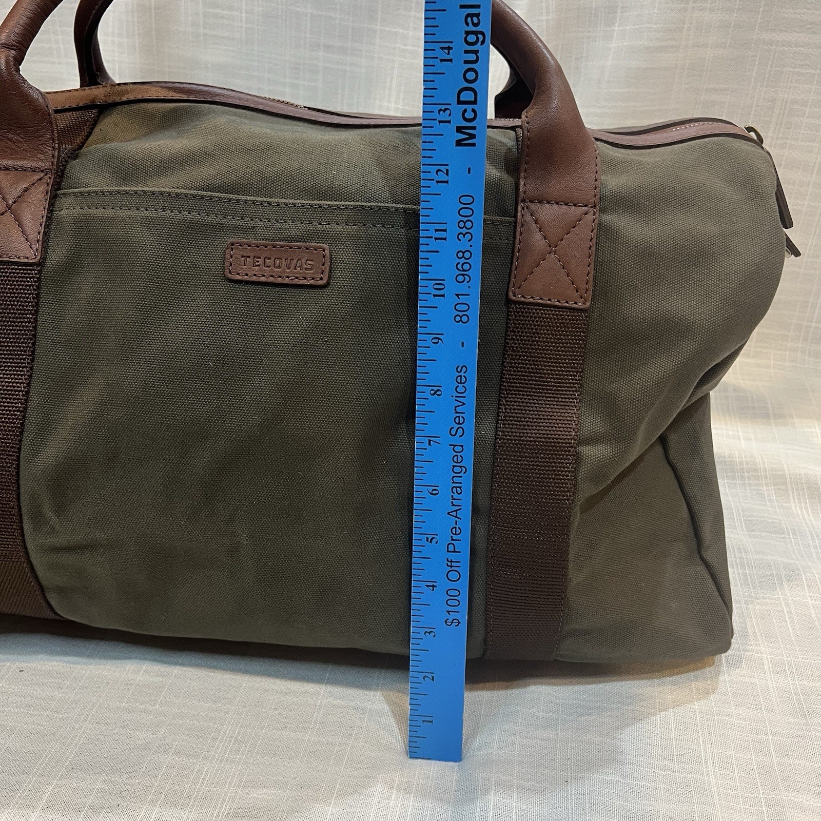 Tecovas Large Olive Green Canvas Duffle Bag Weekender Canvas and Leather w/Strap