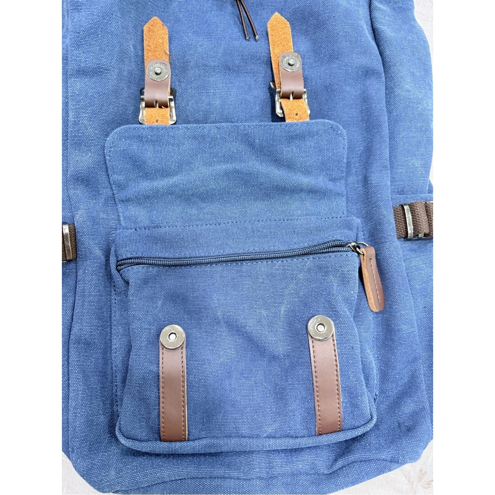Blue Canvas Laptop Backpack Roll Top Leather Strap Travel School Hiking Bag
