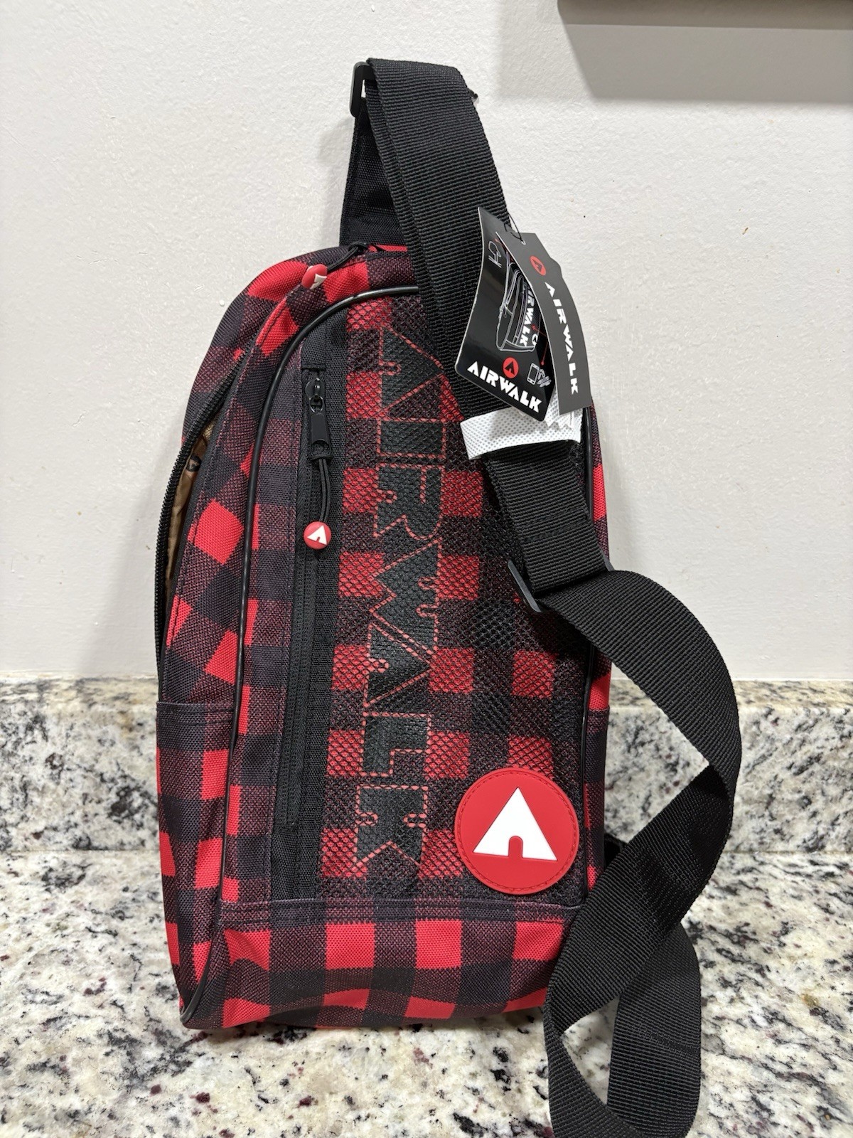 Airwalk Sling Bag Red & Black Plaid NWT 14” X 7” X 3” Foam Padded Back