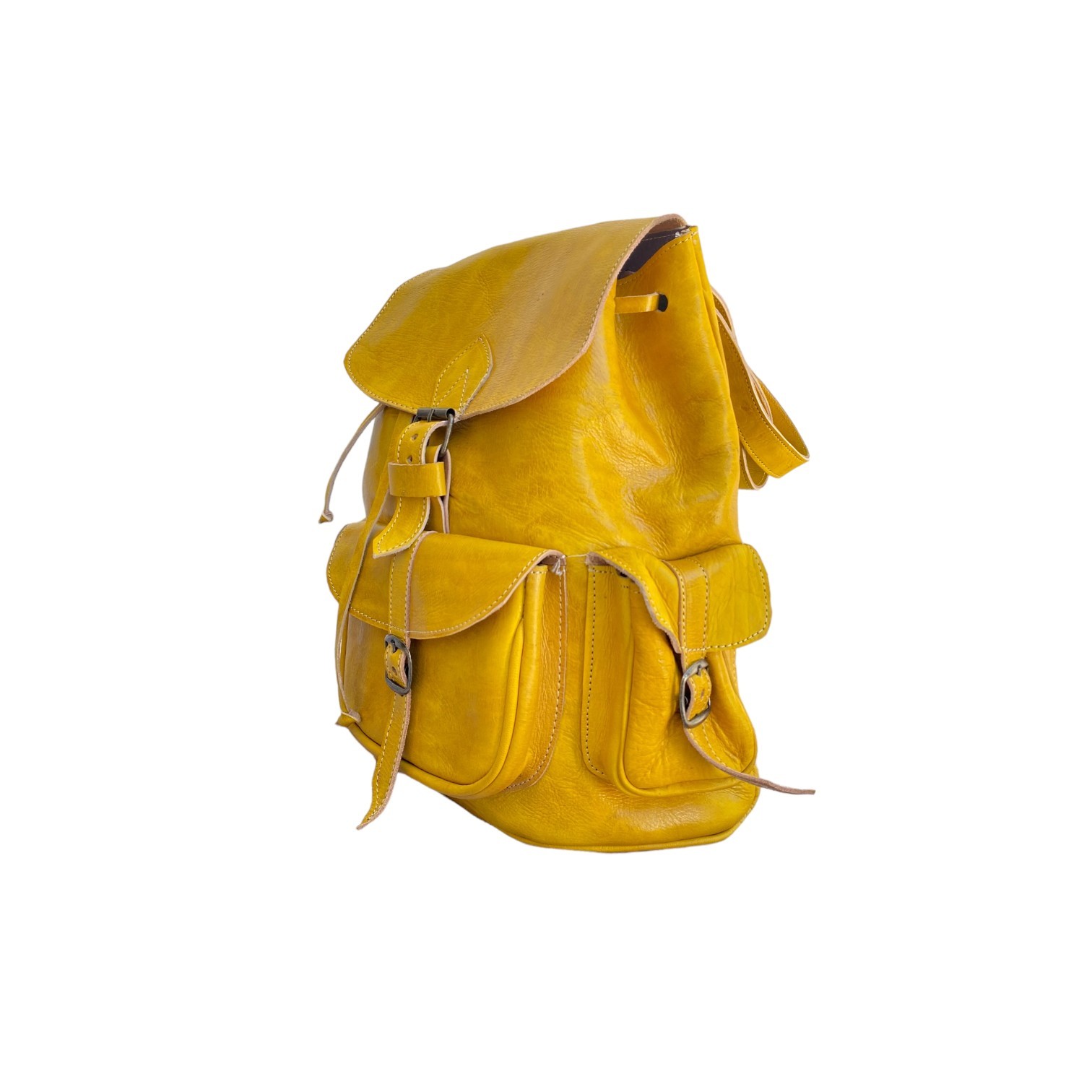 Yellow Leather Backpack Handmade Morocco Belt Buckle Front Back Pocket