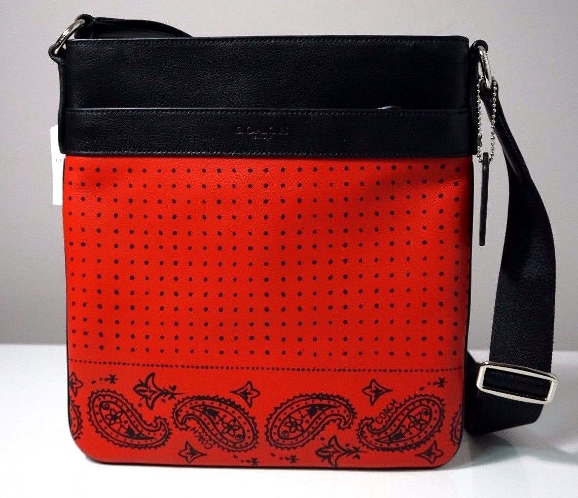 Coach Charles Red/Black Bandana Printed Leather Sport Calf Crossbody Bag F55961