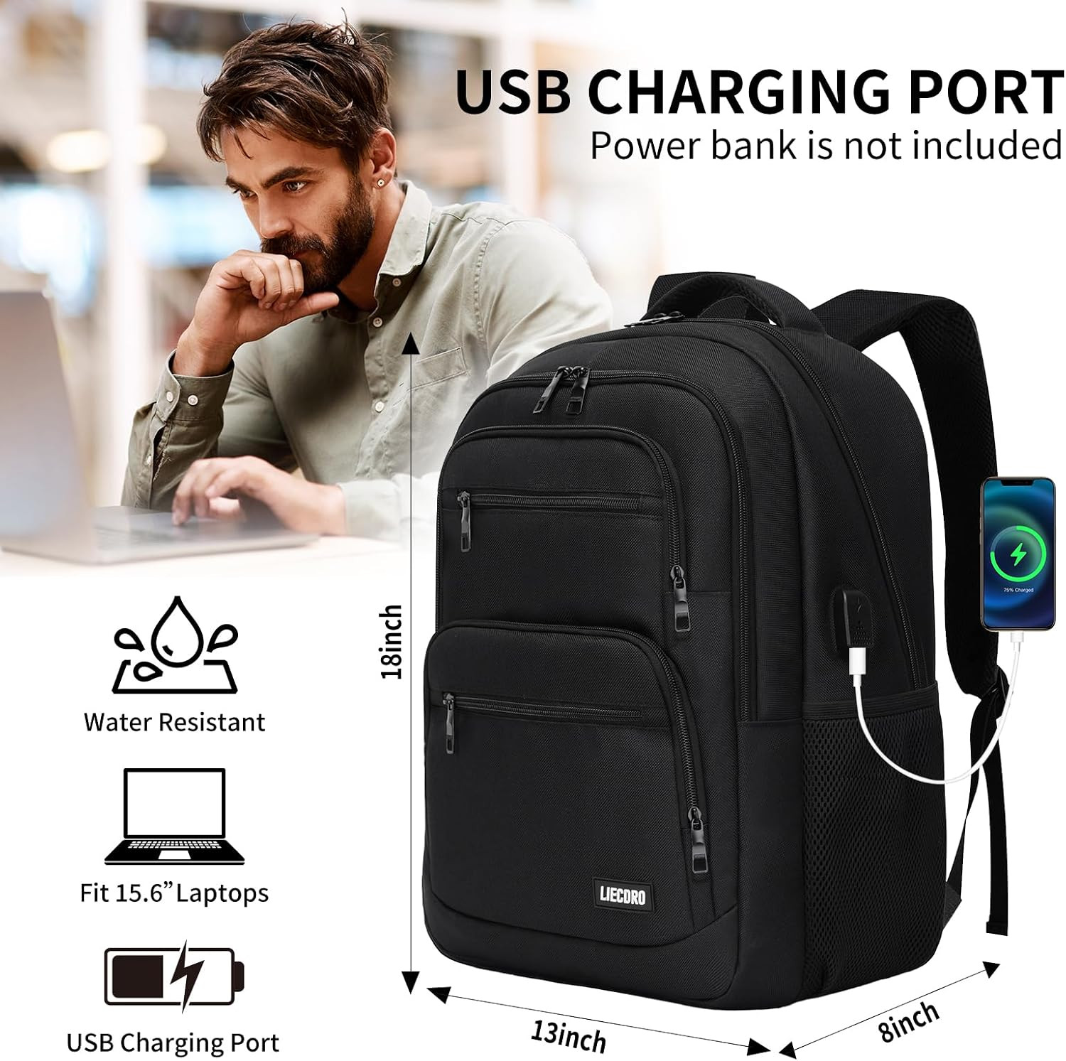 Backpack for Men, School Backpack for Boys Teens, 15.6 Inch Laptop Back Pack wit
