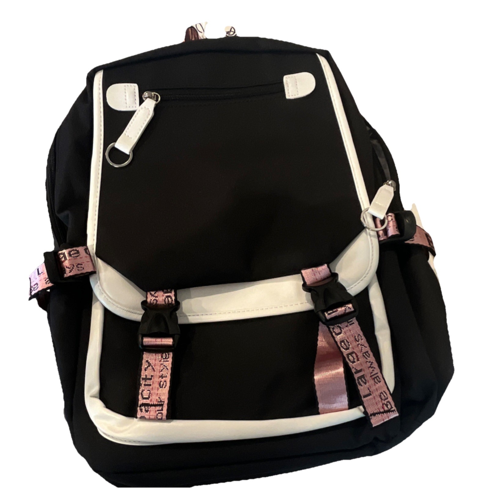 Bevalsa Black White Pink Backpack with USB Port, Audio Pocket, Adjustable Straps