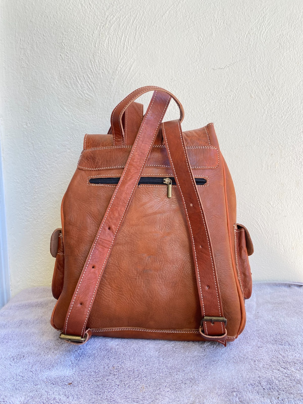 Cognac Leather Backpack Handmade Morocco Belt Buckle Front Back Pocket