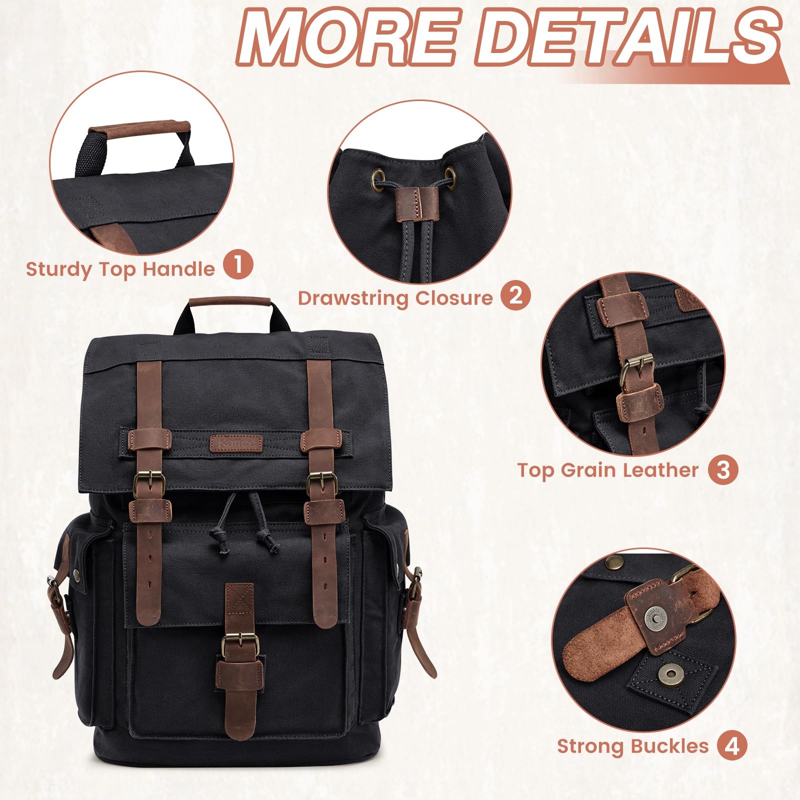 Men’s Black Leather Canvas Backpack Large School Bag Travel Rucksack Pack