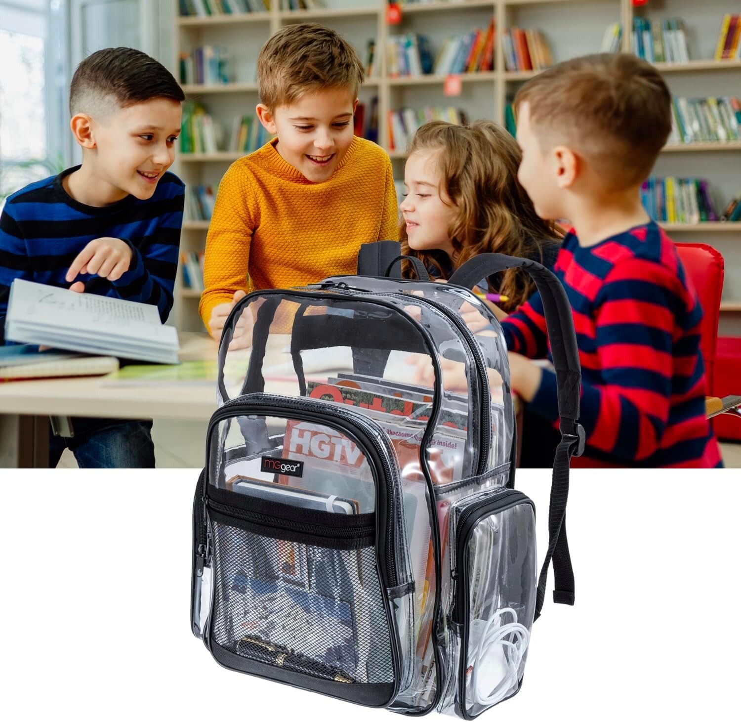 Clear Transparent See Thru School Security PVC School Backpack with Black Trim