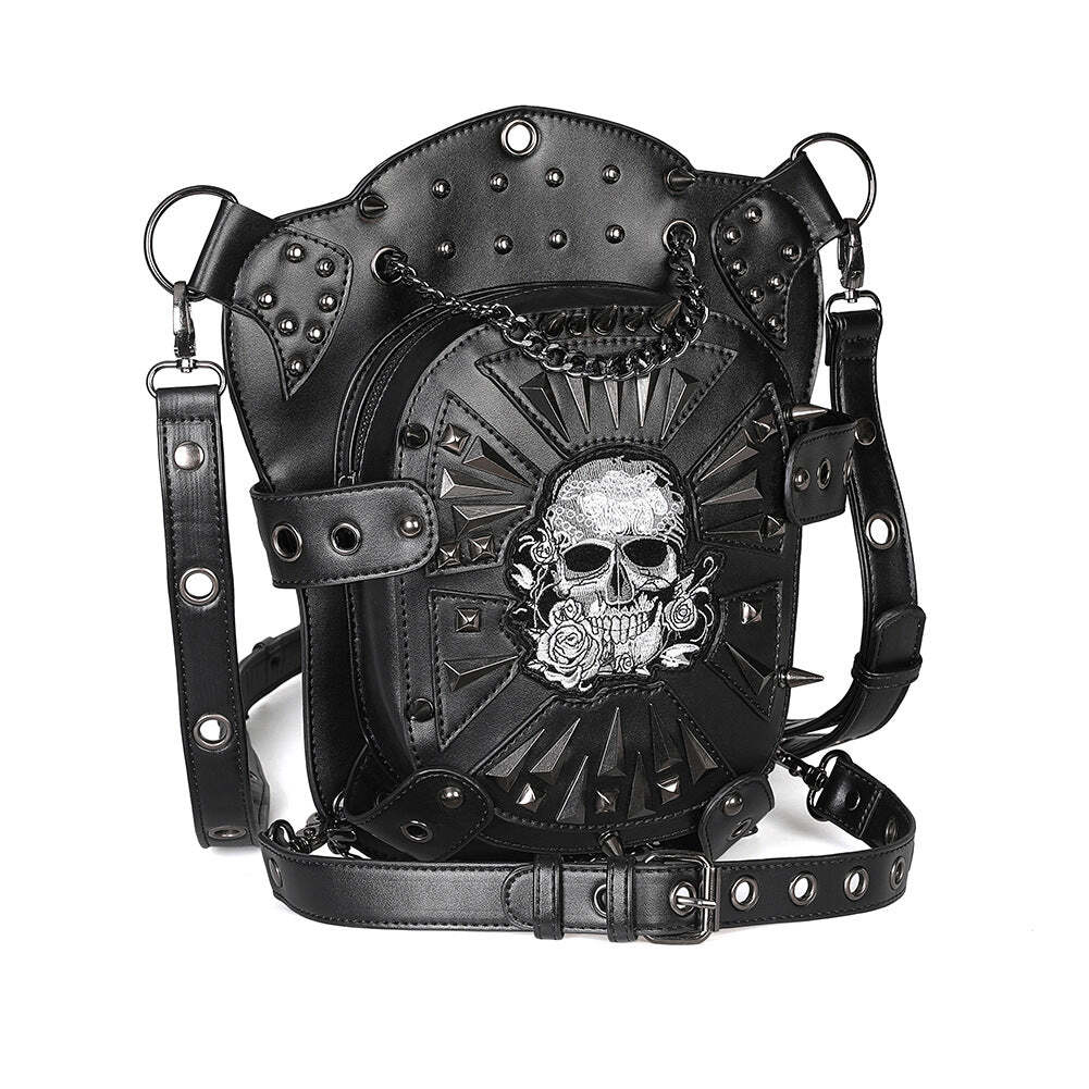 Embroidered Skull Spikes Rivets & Chains Black Leather Backpack