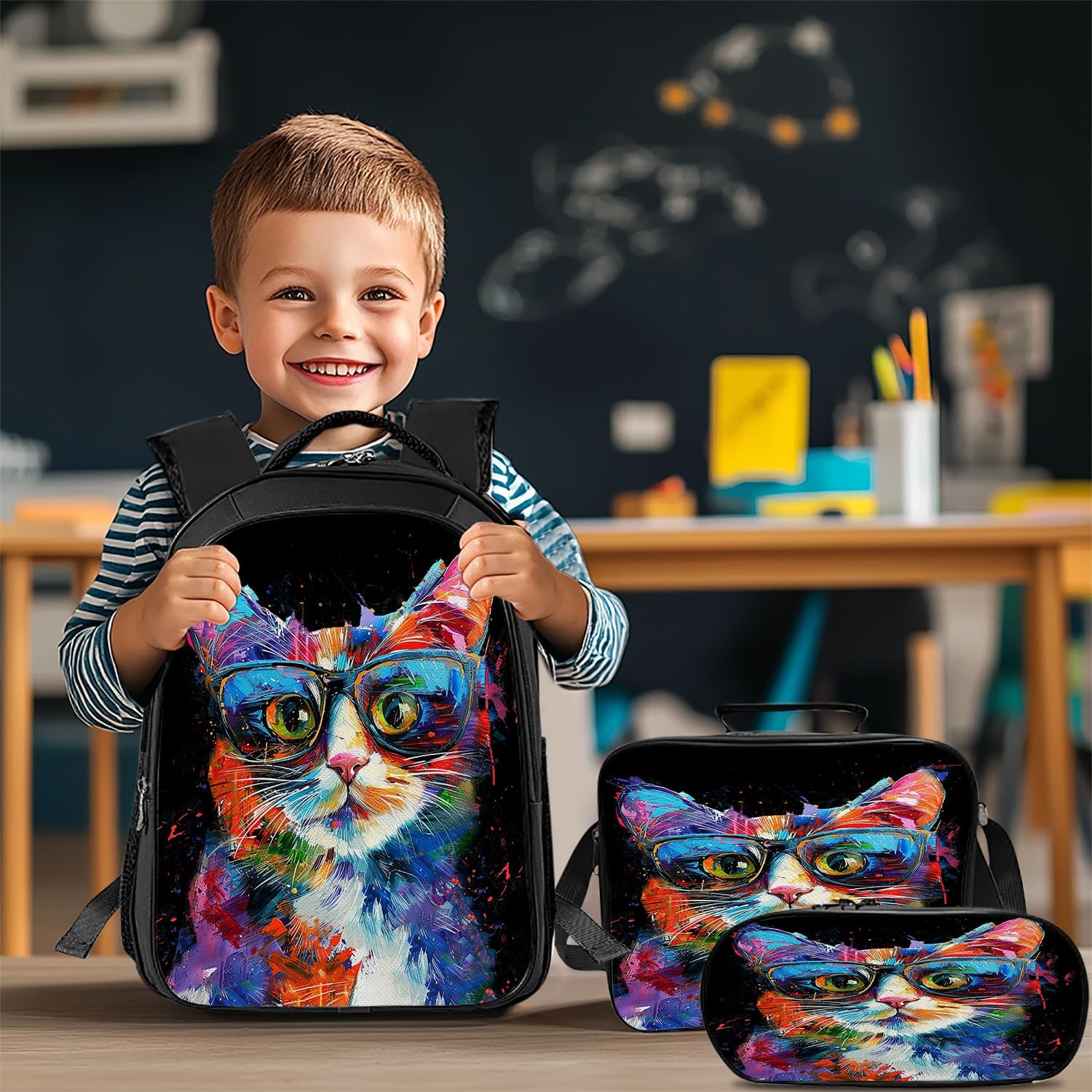 Cat School Backpack for Teens Kids Kindergarten Elementary Middle School 3-Pc…