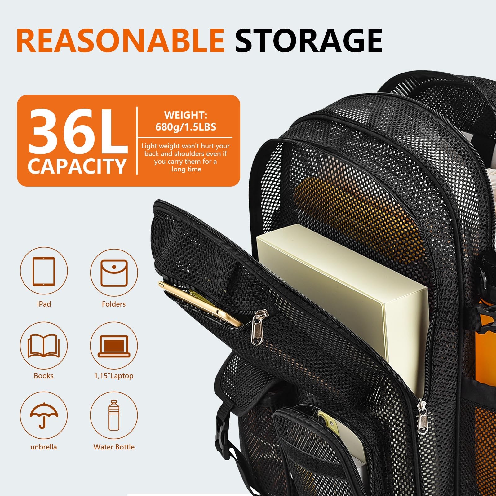 Mesh Backpack for School,with Inner Laptop Compartment,Semi-transparent Bookb…