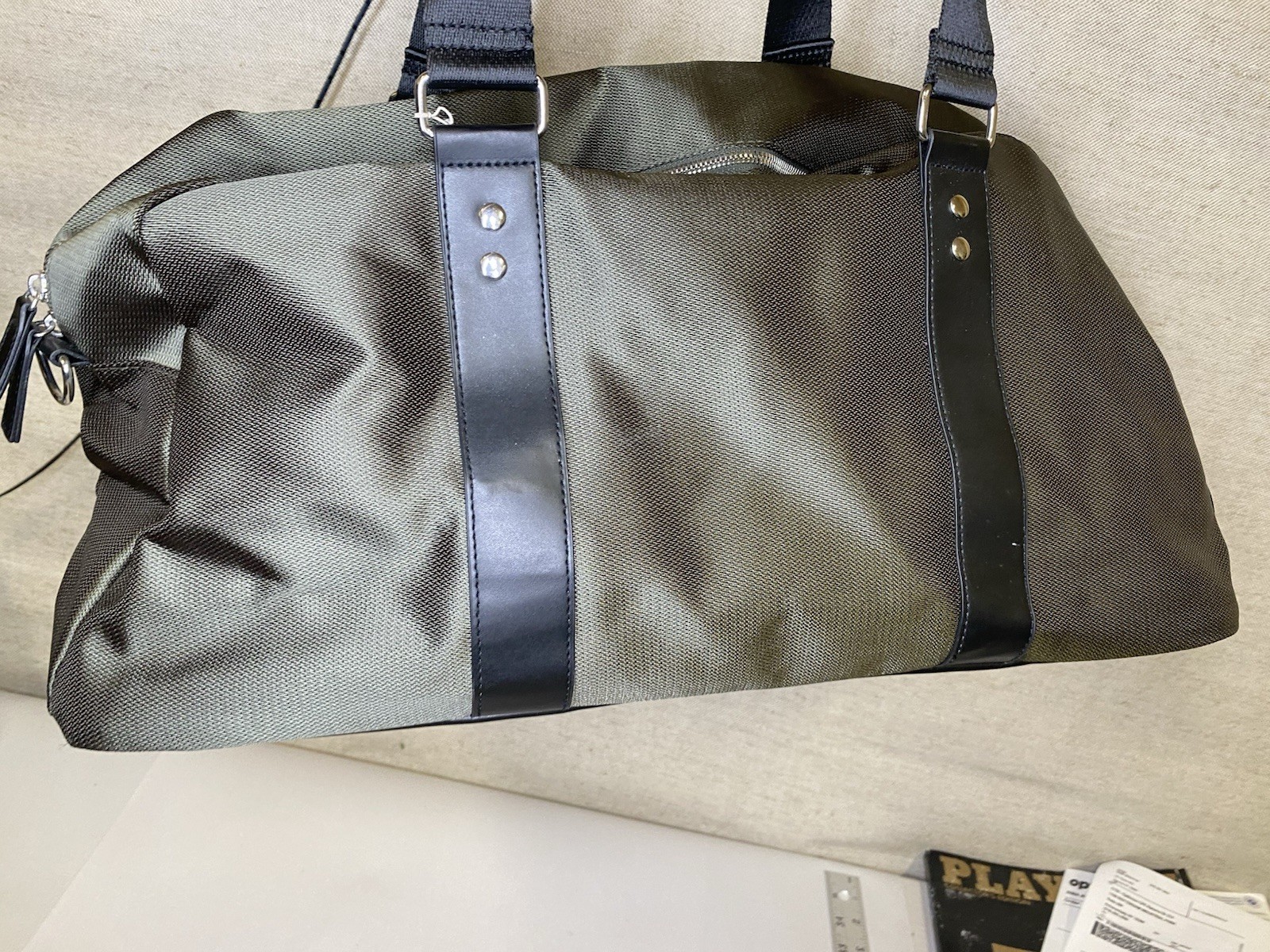 Versace Gray Black Duffle Bag Zip Inner Pockets Shoulder Strap Men’s Designer