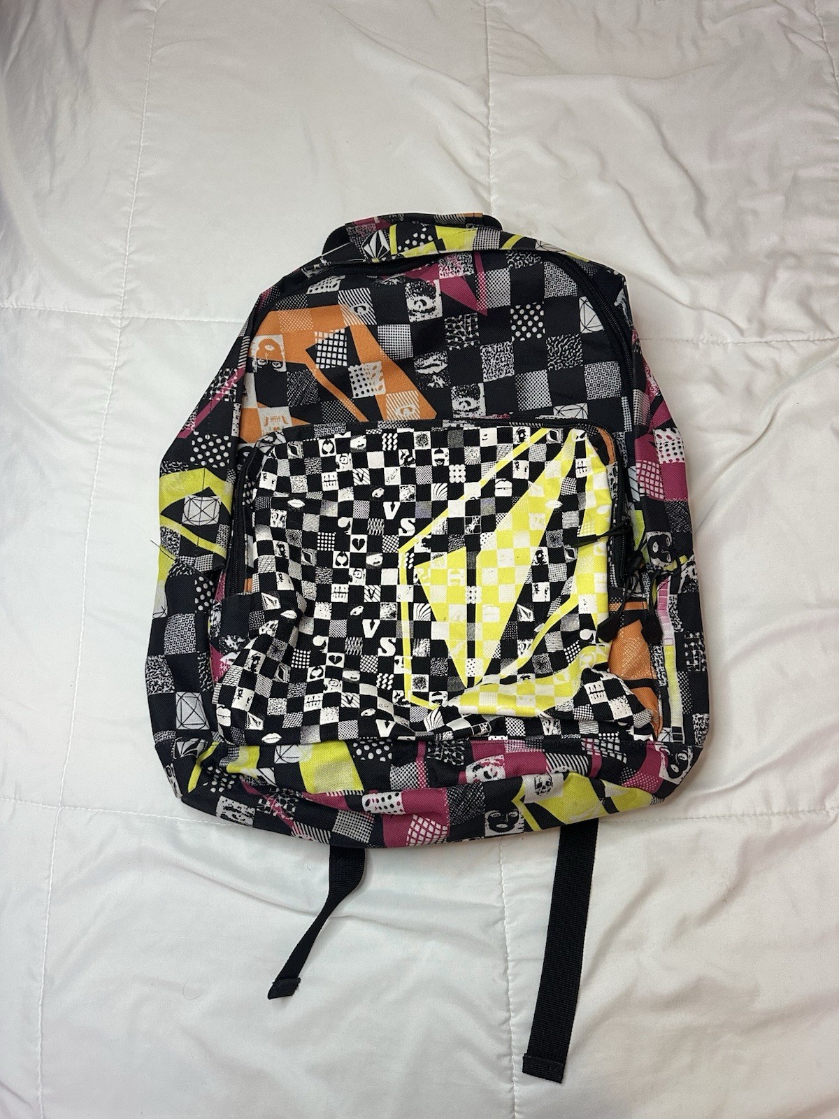 VTG 00s Volcom Backpack Y2K Checker Scene AOP Large Pink Black White Skull Logo