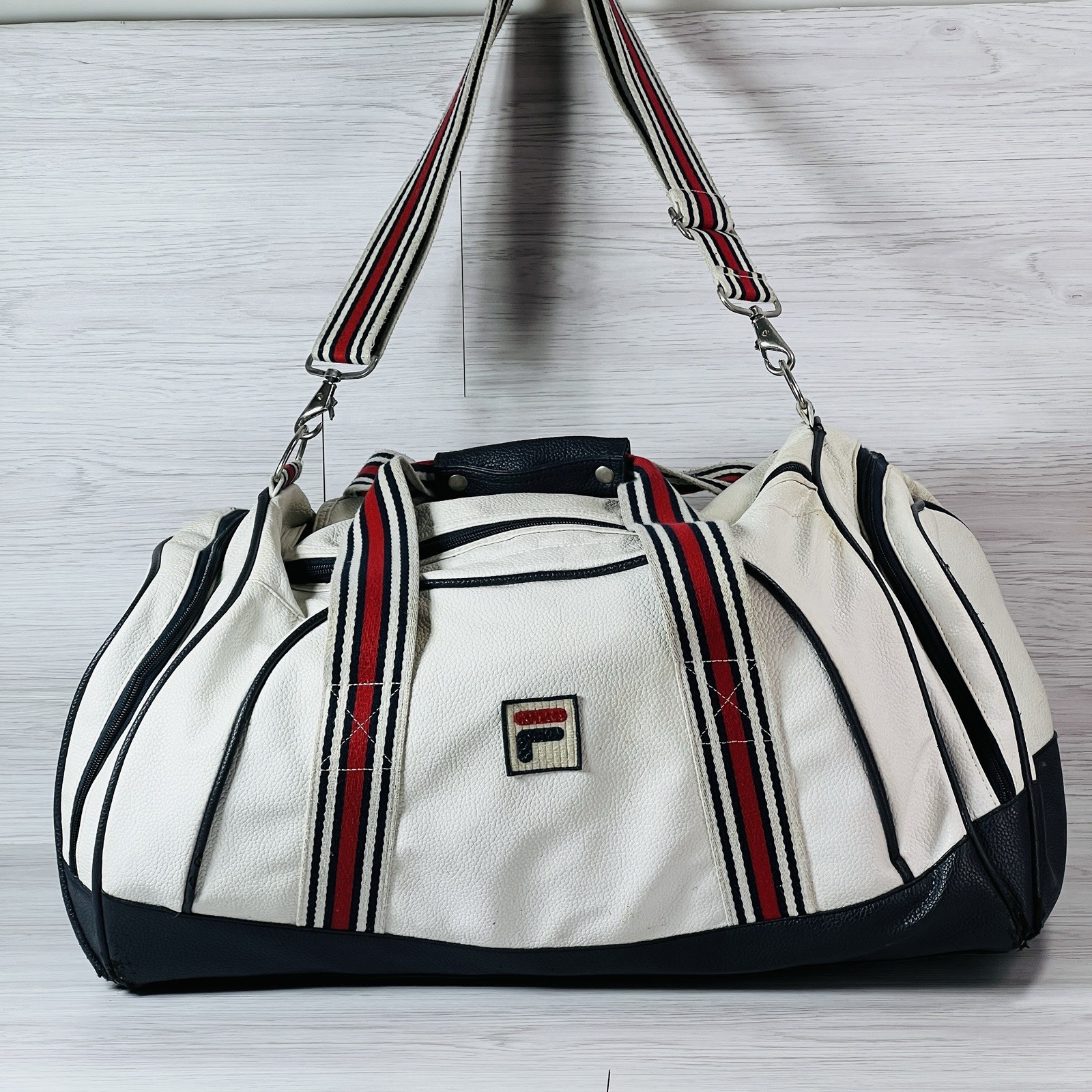 Vintage 90s FILA White Grant Hill Tennis Basketball Navy Large Duffel See Pics