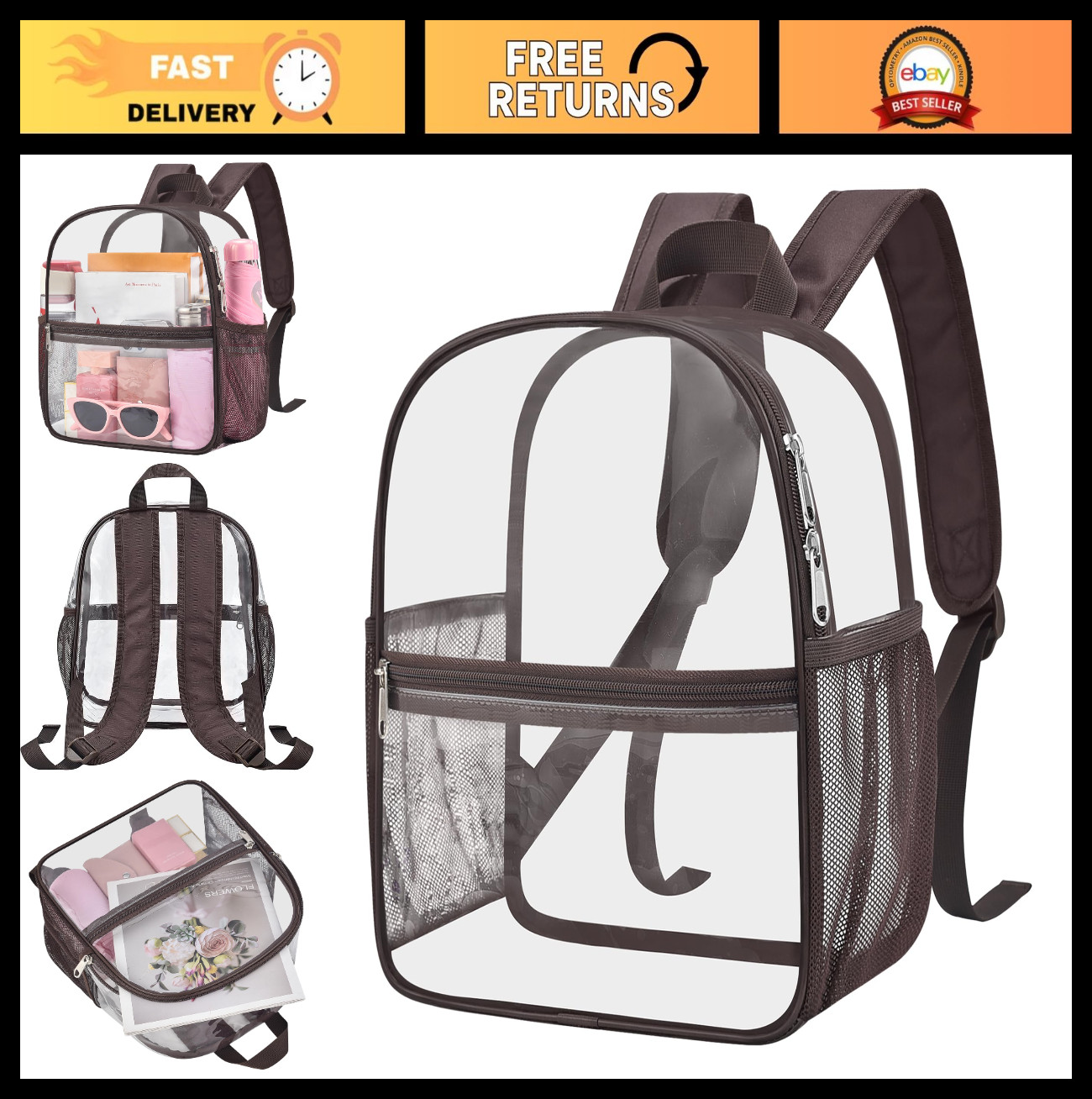 Clear Stadium Approved Backpack – Transparent 12″x6″x11″ Bag for Concerts, Sport