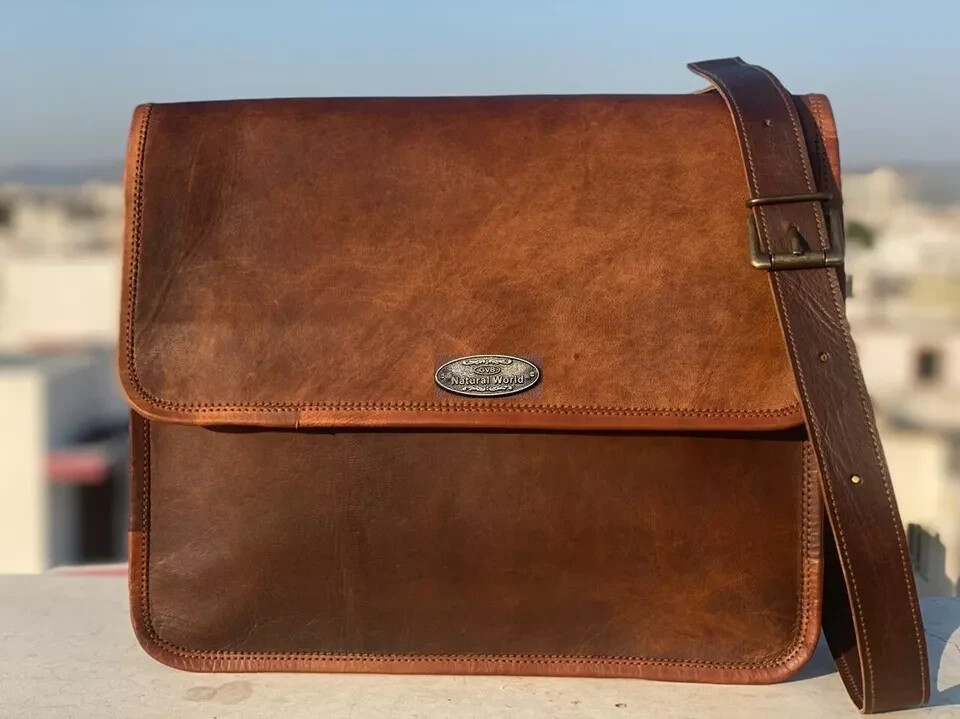 15″ Gift Bag Leather Men’s Handmade Carry Laptop Shoulder Satchel Messenger Bag