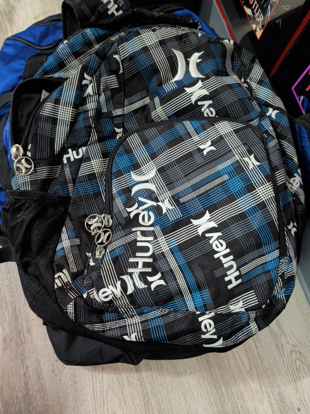 Hurley Blue Plaid Backpack Adjustable Straps