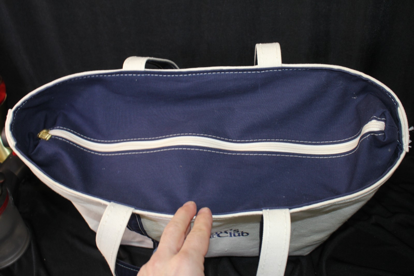 LL Bean Boat & Tote Bag Blue/Ivory Zip Top Made in USA Embroidered Logo 17″