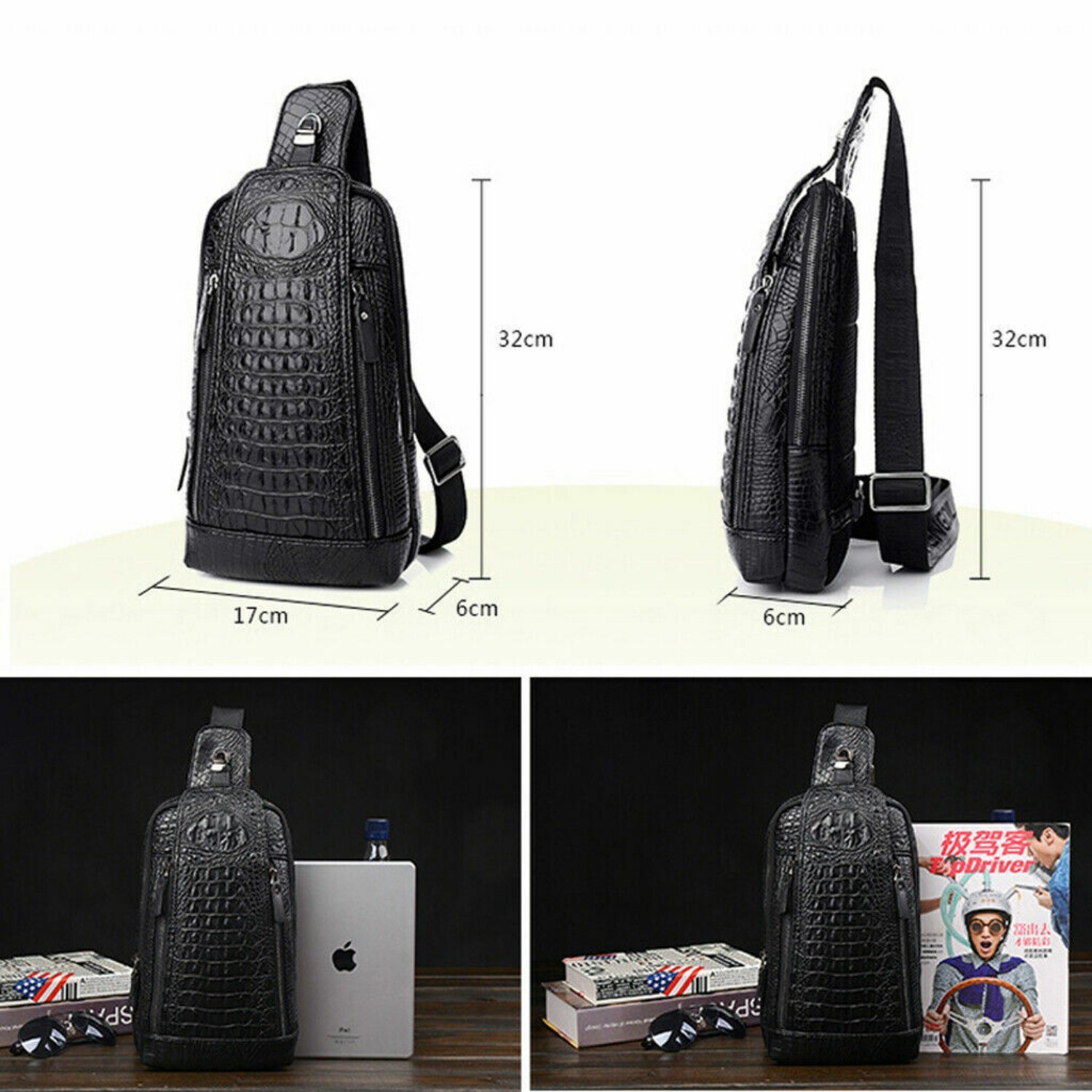 Men’s Leather Crocodile Pattern Chest Bag Sling Backpack Crossbody Travel Bag