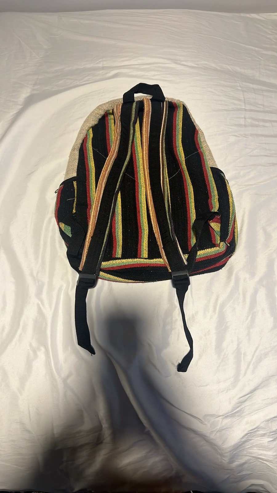 Hemp Backpack Wolf design, Beige, Black, Red, Green, And Yellow Trim