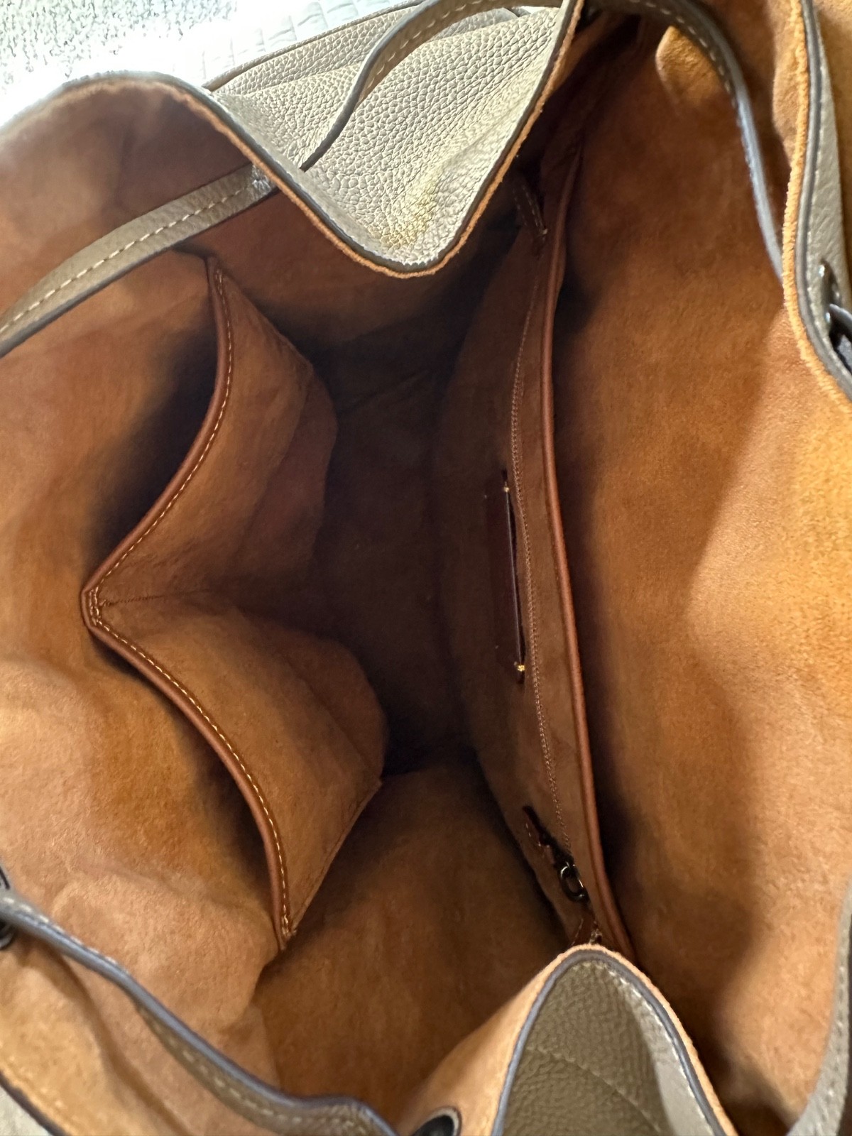 COACH Hitch Backpack Dark Stone Pebbled Leather Suede Lining w/ Dust Bag, Tag