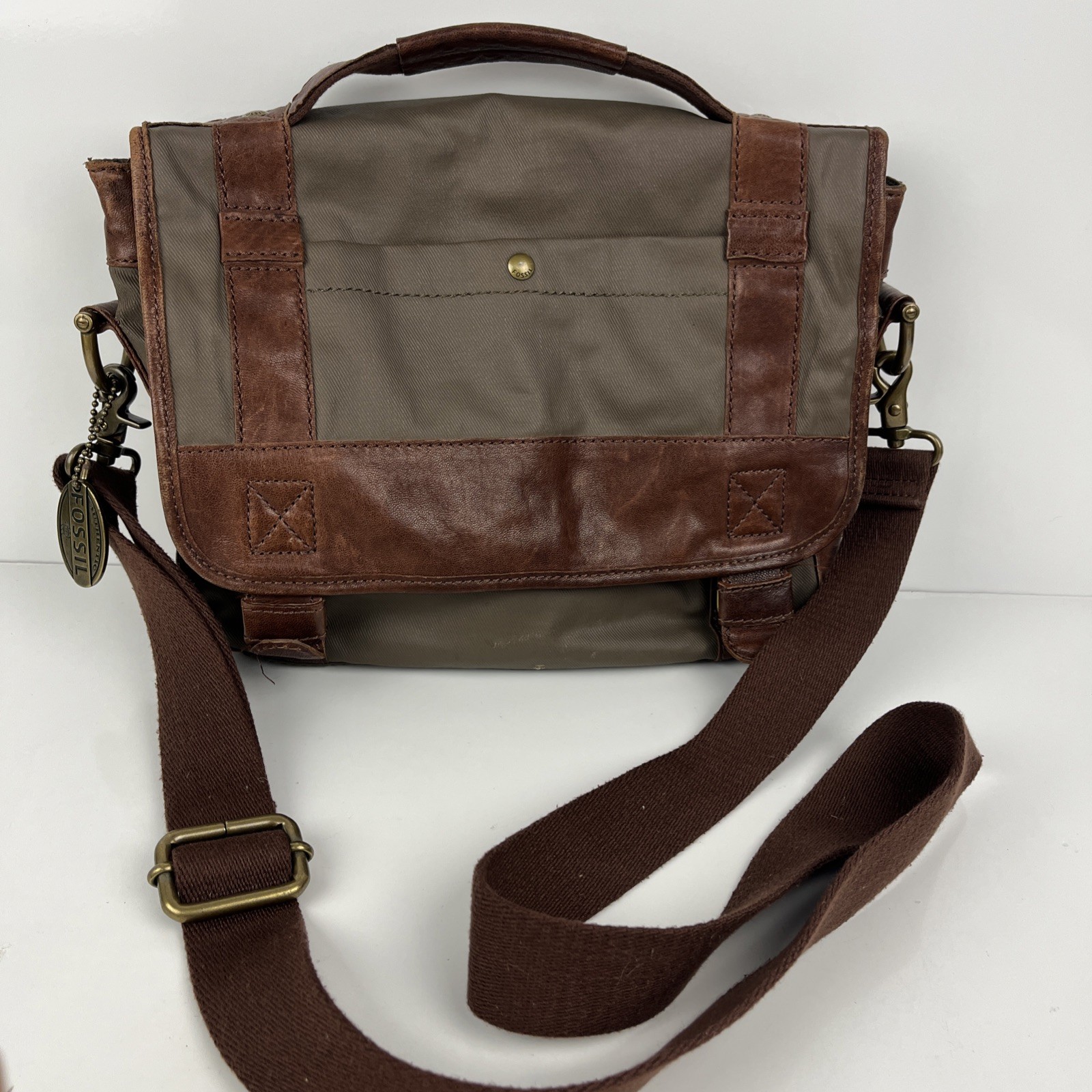 Fossil Estate Canvas City Bag Dark Brown Leather Trim Messenger Crossbody