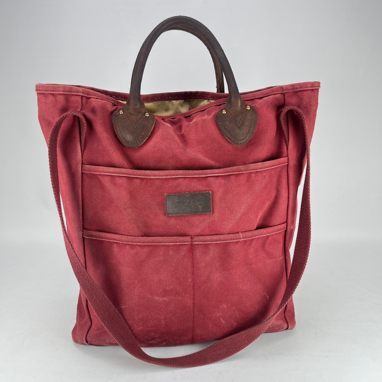 LL Bean Stonington Tote Bag Script Tag Canvas Dark Red Maroon Leather Handles
