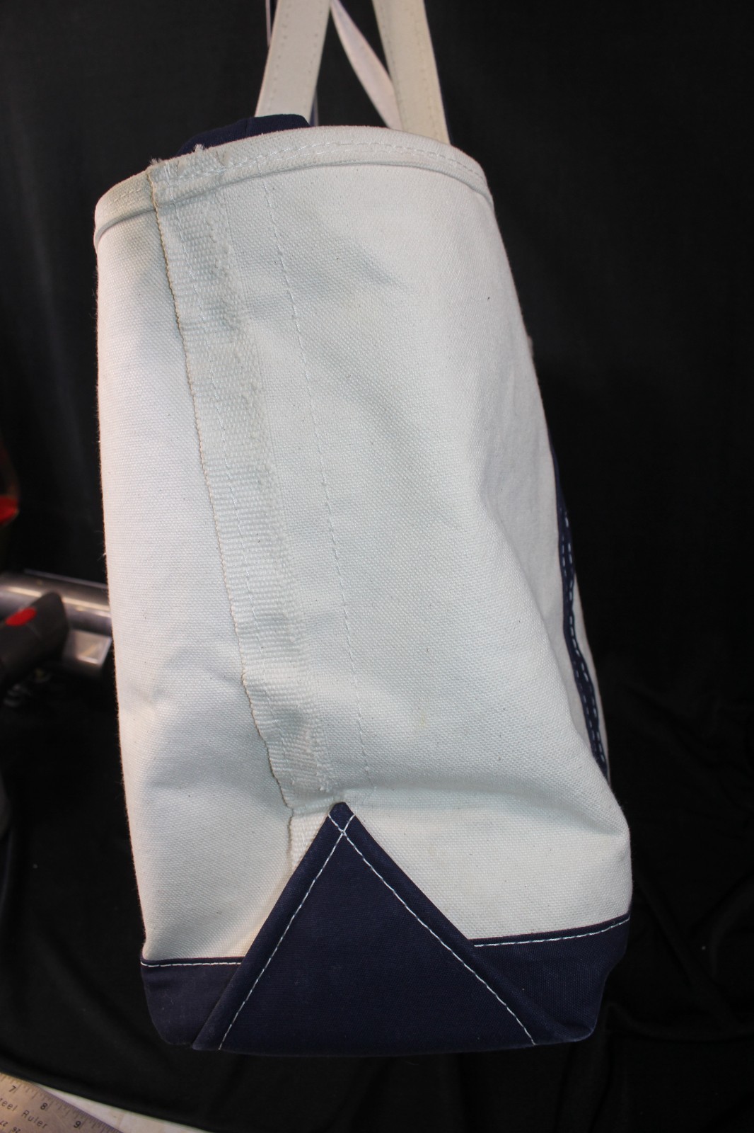 LL Bean Boat & Tote Bag Blue/Ivory Zip Top Made in USA Embroidered Logo 17″