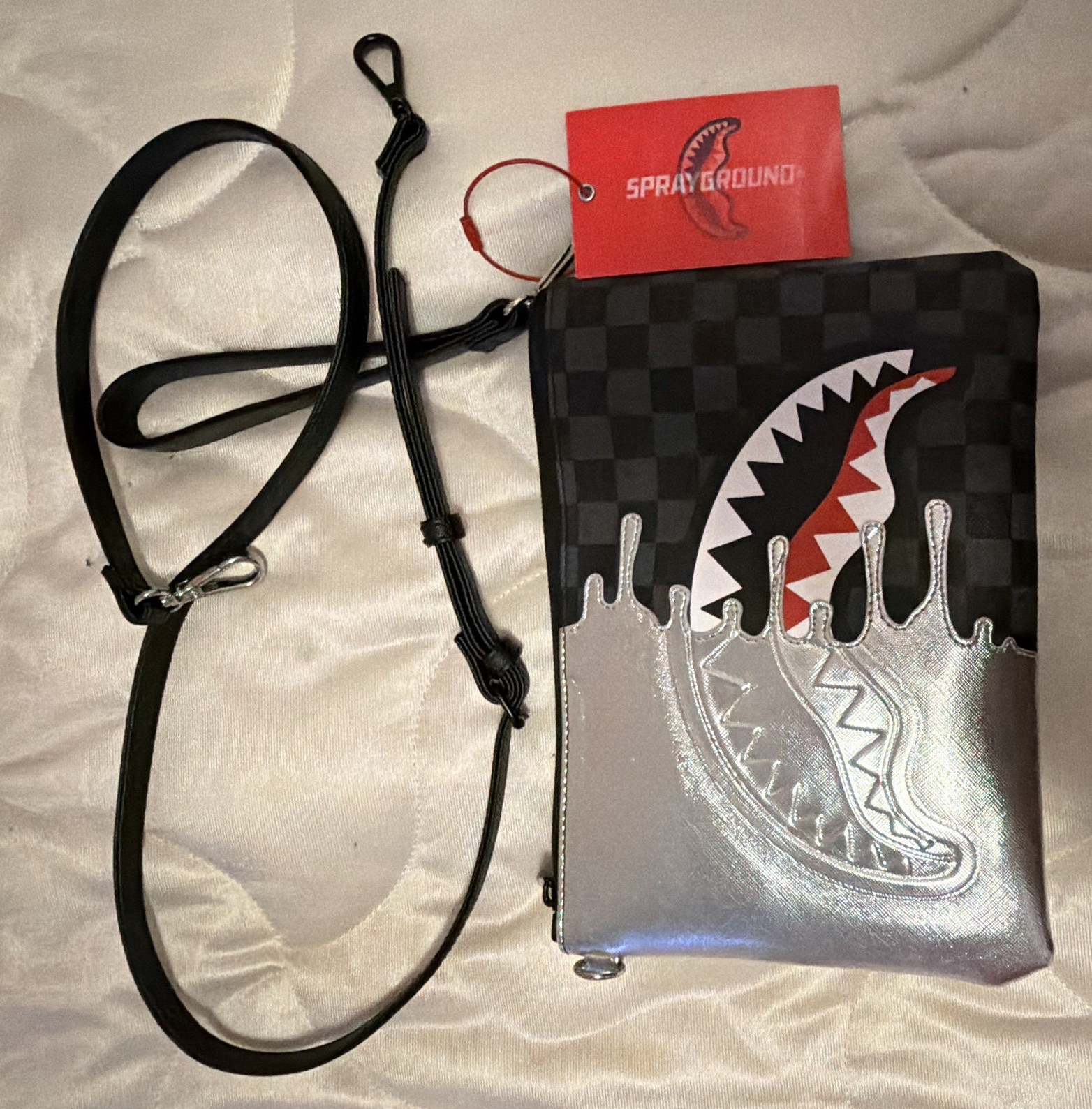 Sprayground Limited Edition Checkered Shark Mouth Crossbody Bag Silver/Black