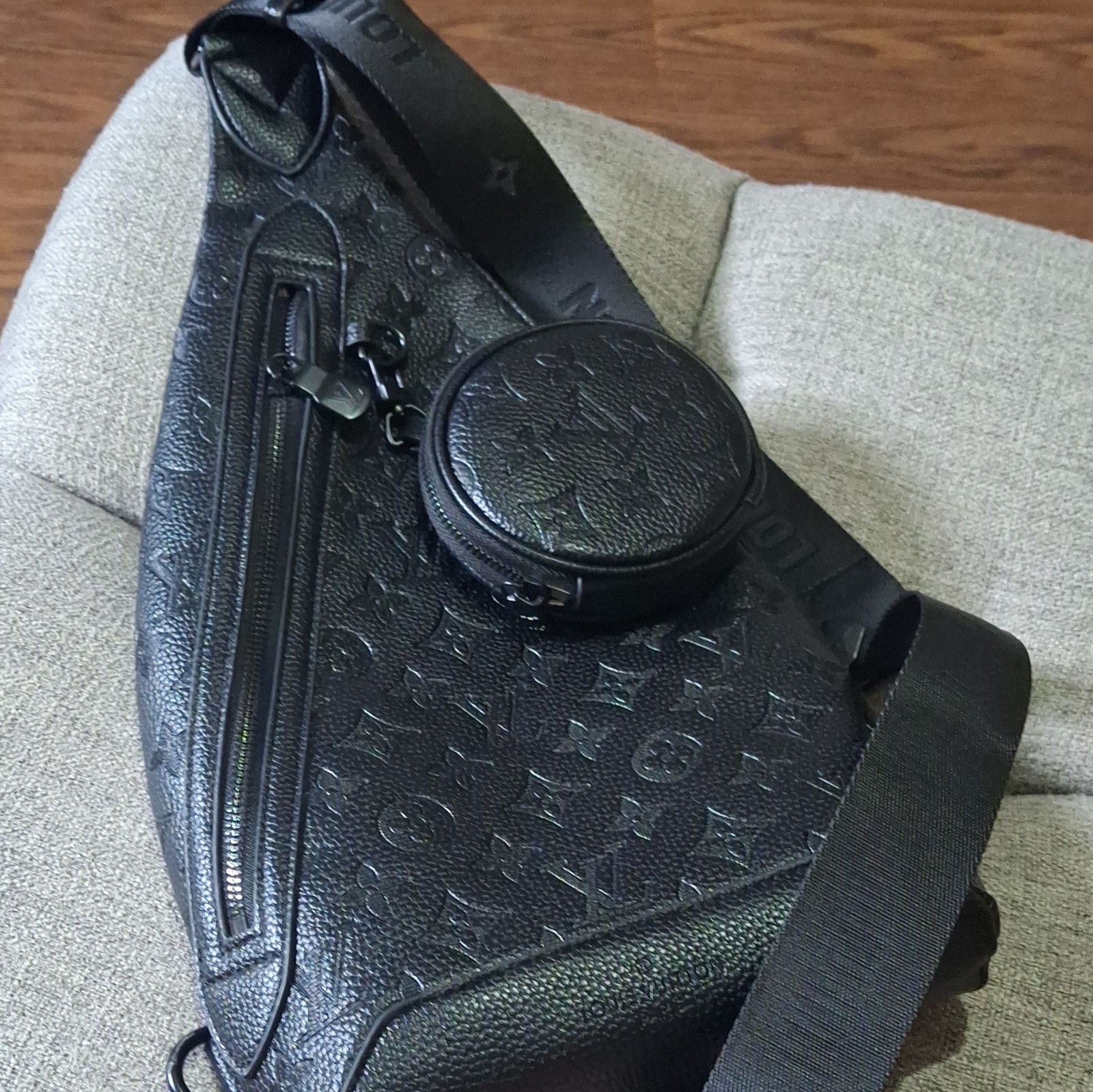 Louis Vuitton Monogram Shadow Black Zip Sling Crossbody Bag w/ Coin Pouch