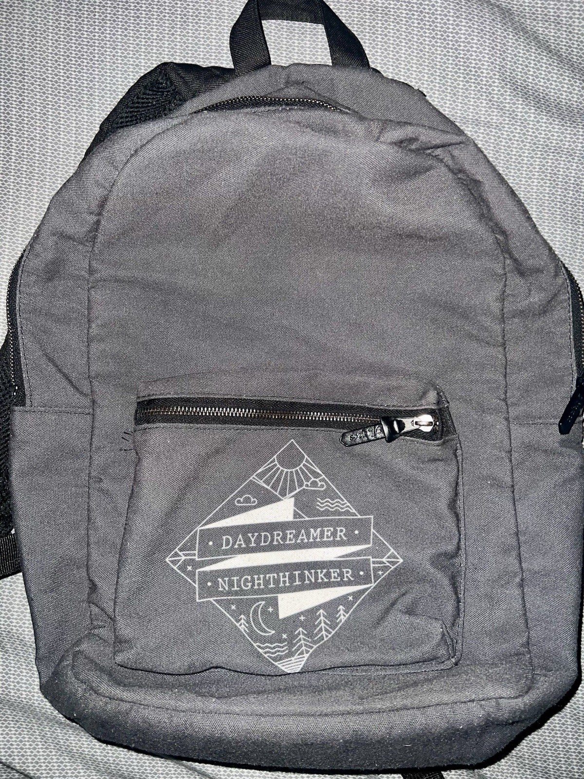 Gray Backpack “Daydreamer Nightthinker” Zip Closure, Padded, Outer Pockets
