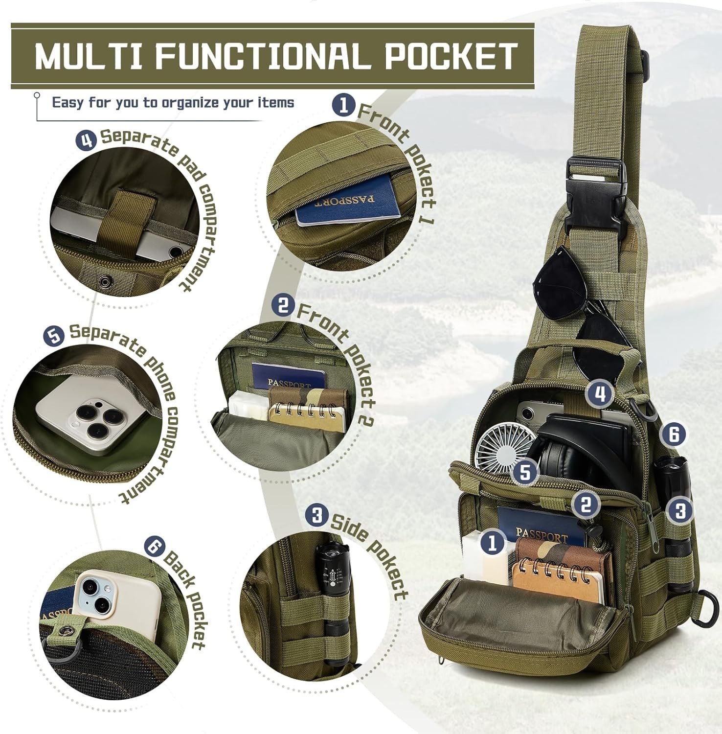 Mens Backpack Tactical Sling Shoulder Bag Molle Travel Chest Pack Outdoor Hiking