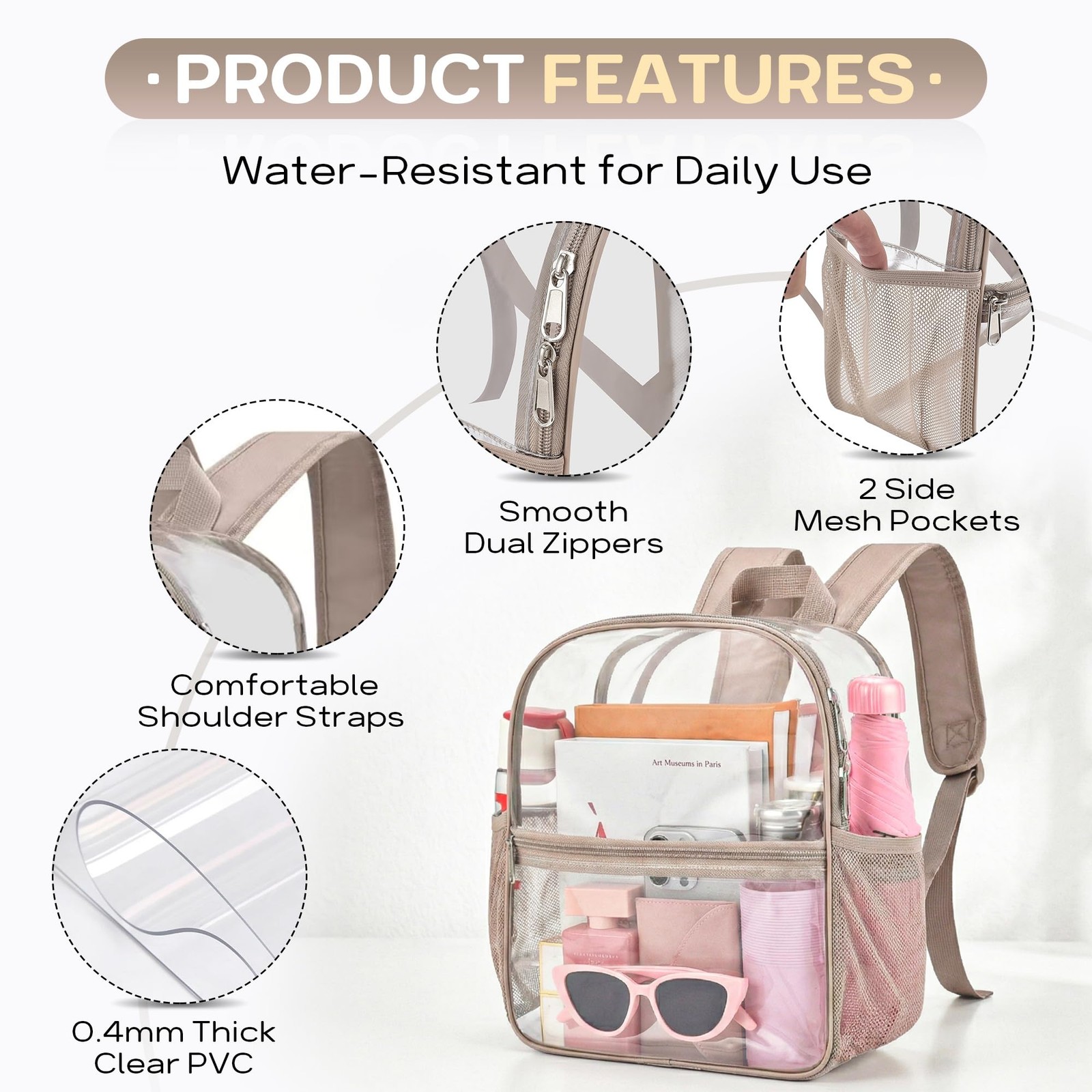 Clear Backpack 12x6x11 in Waterproof PVC – Stadium Approved for Concerts, Sports