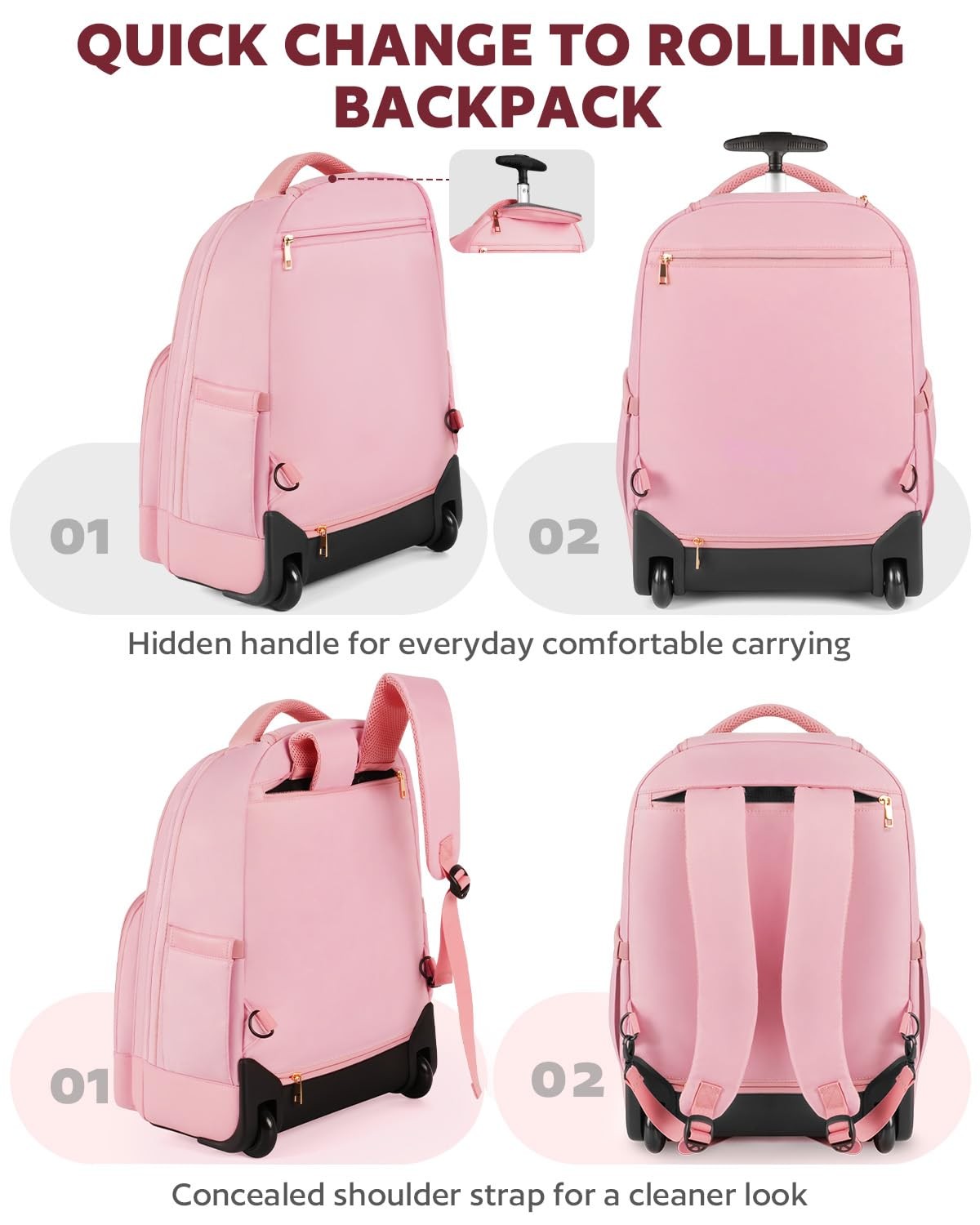 Rolling Backpack Carry On Luggage For Adults With Wheels, 40L Wheeled Backpac…