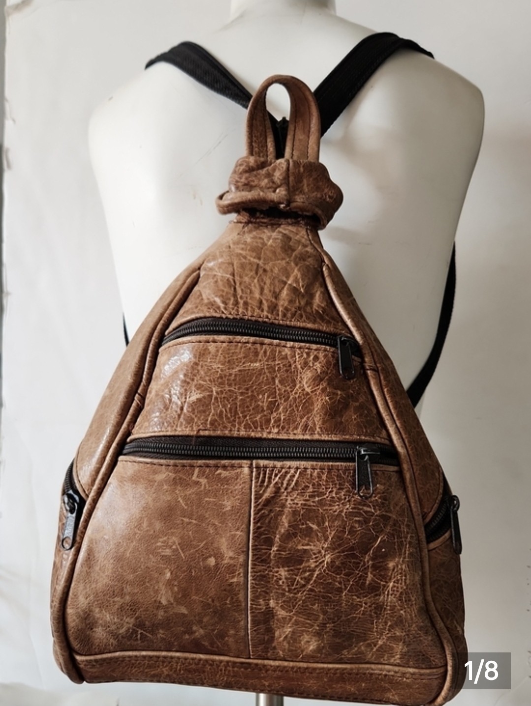 VTG Brown Leather Teardrop Sling Bag Crossbody Backpack Multi-Pocket
