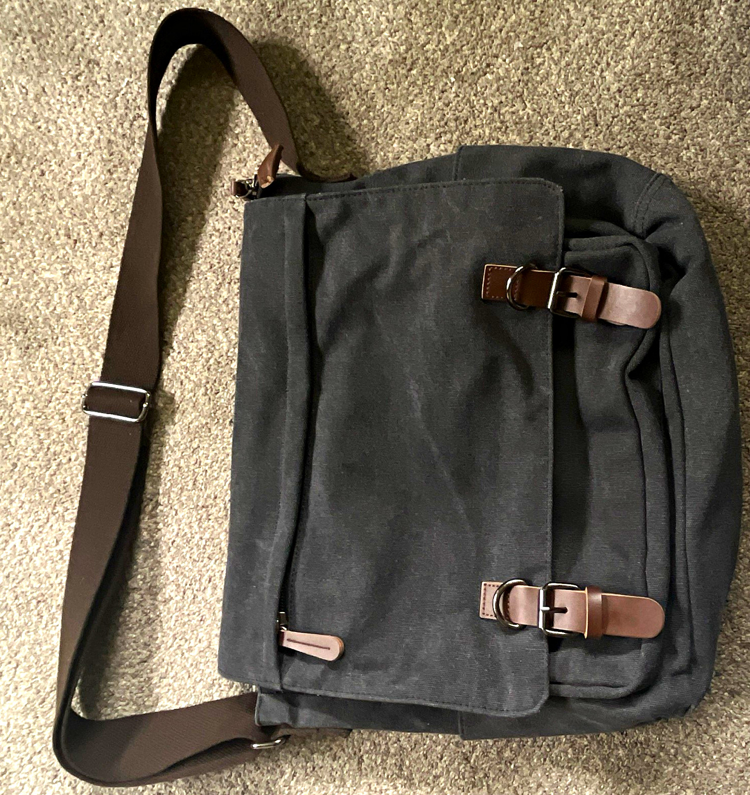 Black Solid Messenger Bag Crossbody Adjustable Strap Buckle Flap Zip Pockets