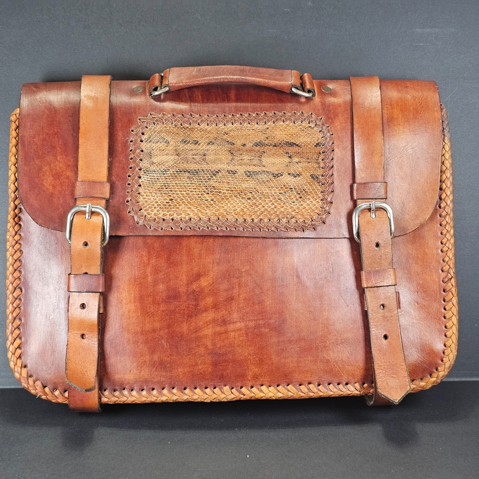Vintage Brown Leather Briefcase Satchel Western Snakeskin Style Panel