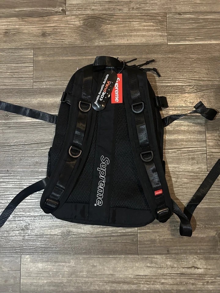 Supreme Black Mesh Backpack Vertical White Logo Adjustable Straps