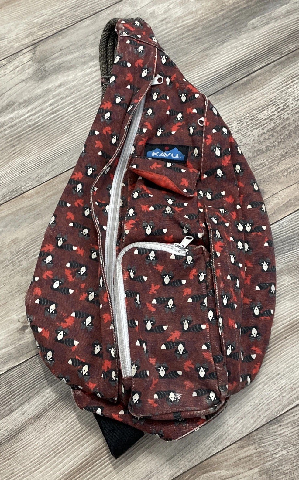 KAVU Rope Sling Bag Racoon Print Burgundy Maroon Adjustable Strap Unisex