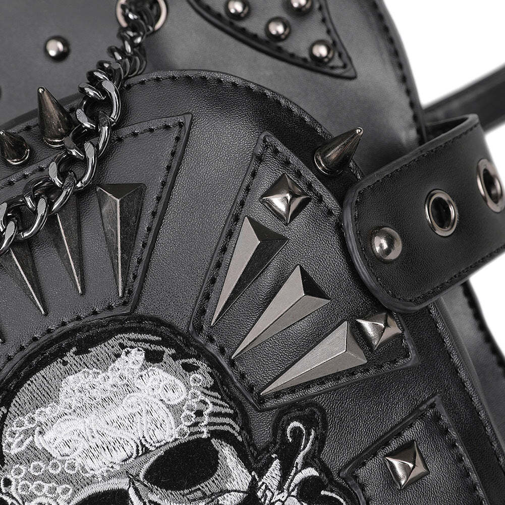 Embroidered Skull Spikes Rivets & Chains Black Leather Backpack