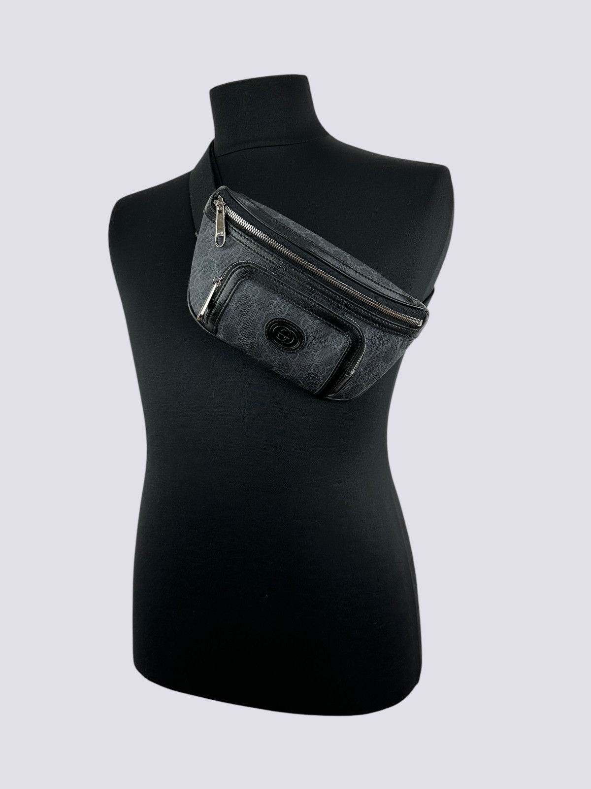 Gucci GG Monogram Logo Interlocking G Canvas Crossbody Belt Bag Black 682933
