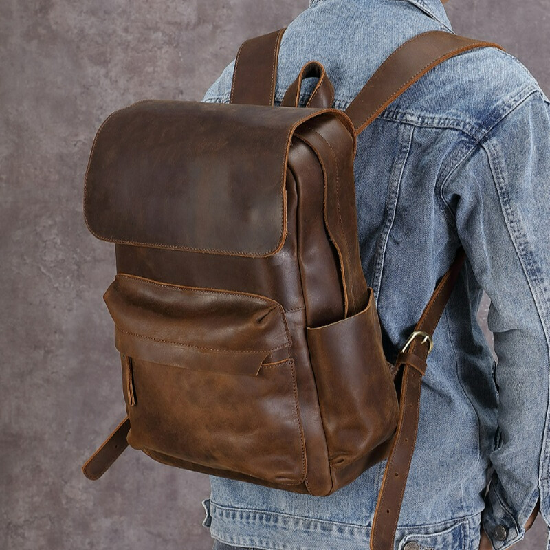Men’s Leather Retro Large Capacity Backpack Casual Travel Bag Computer Bag