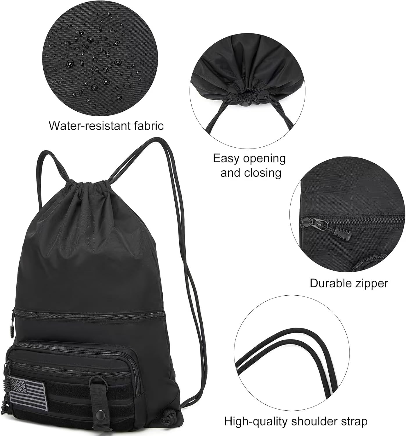 Drawstring Backpack Tactical Waterproof Zipper Pockets Sport Gym Sackpack Black