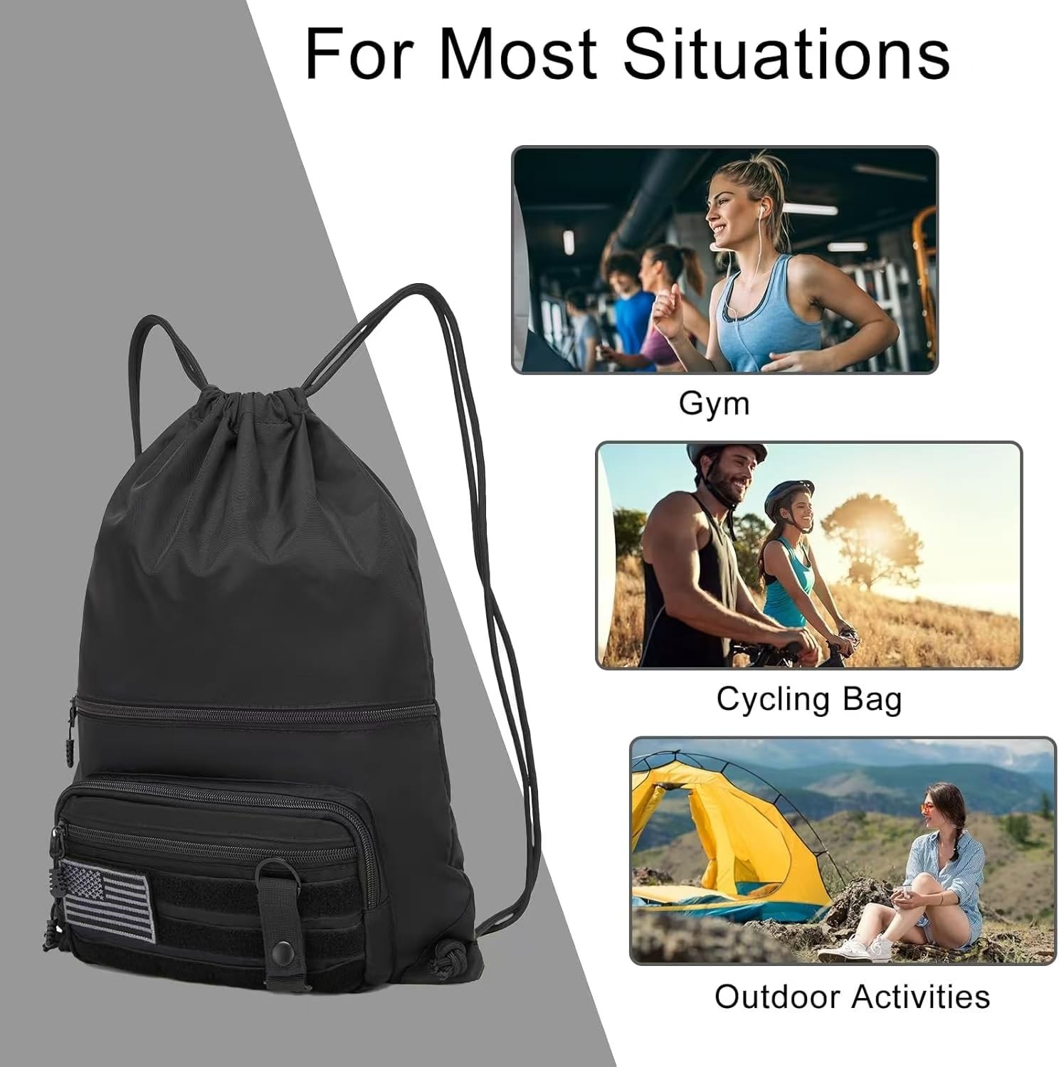 Drawstring Backpack Tactical Waterproof Zipper Pockets Sport Gym Sackpack Black