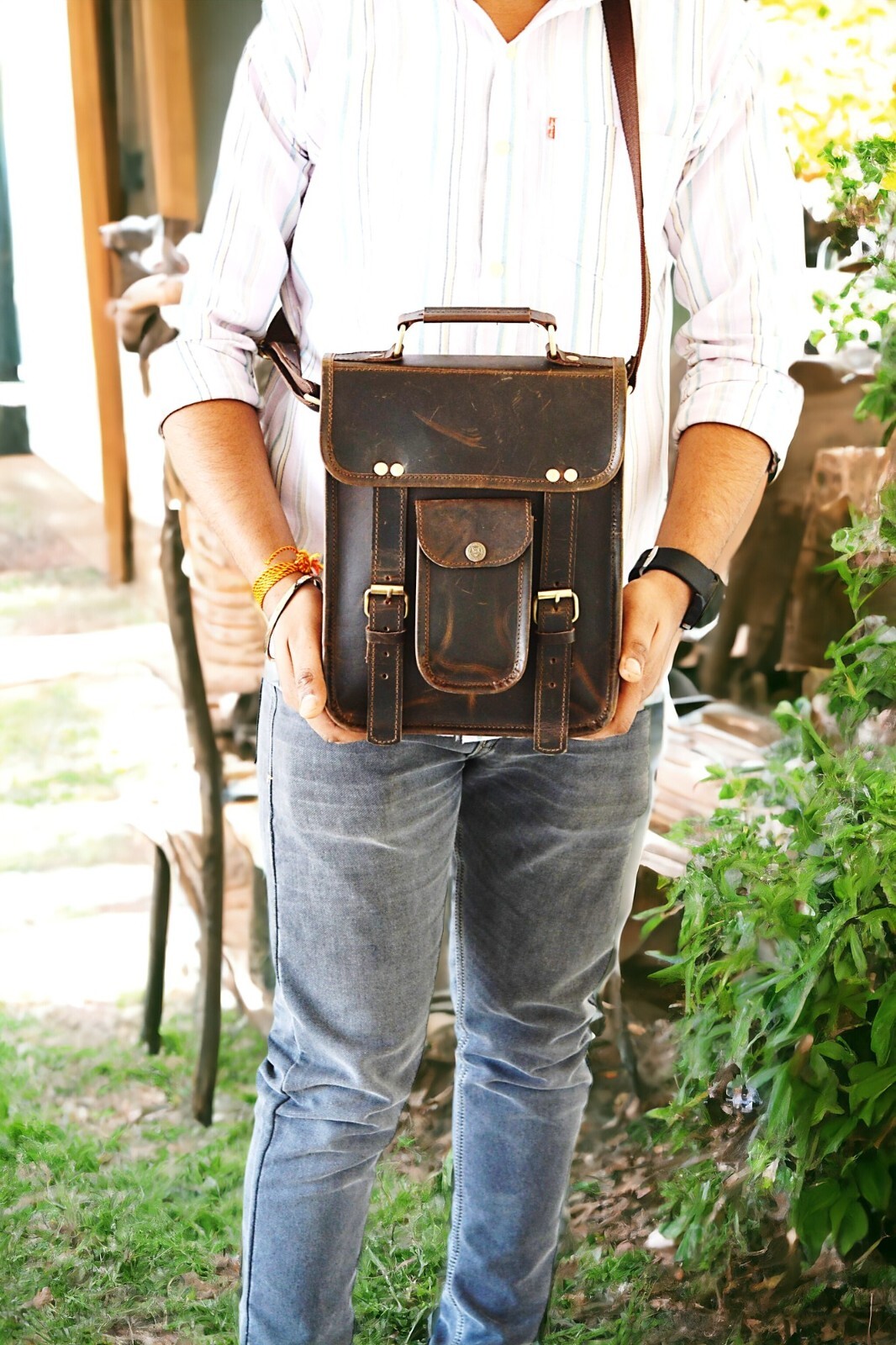 Vintage Leather Bag’s Satchel Male Messenger Shoulder Crossbody Tablet Bag 11″