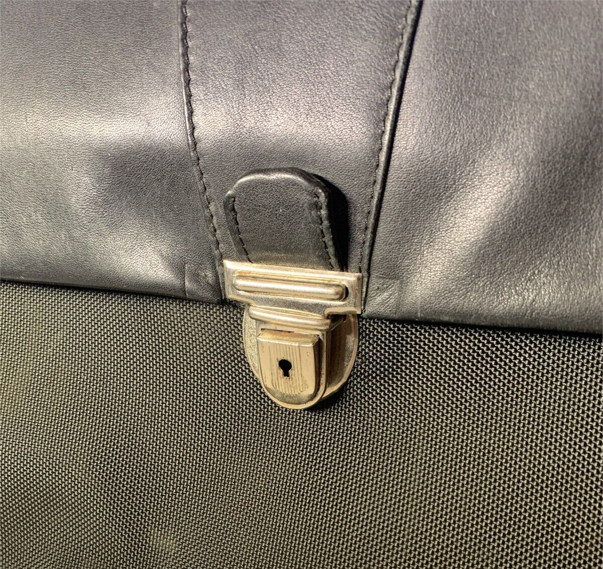 BOSCA Black Leather/Ballistic Nylon Flapover Briefcase Messenger Bag