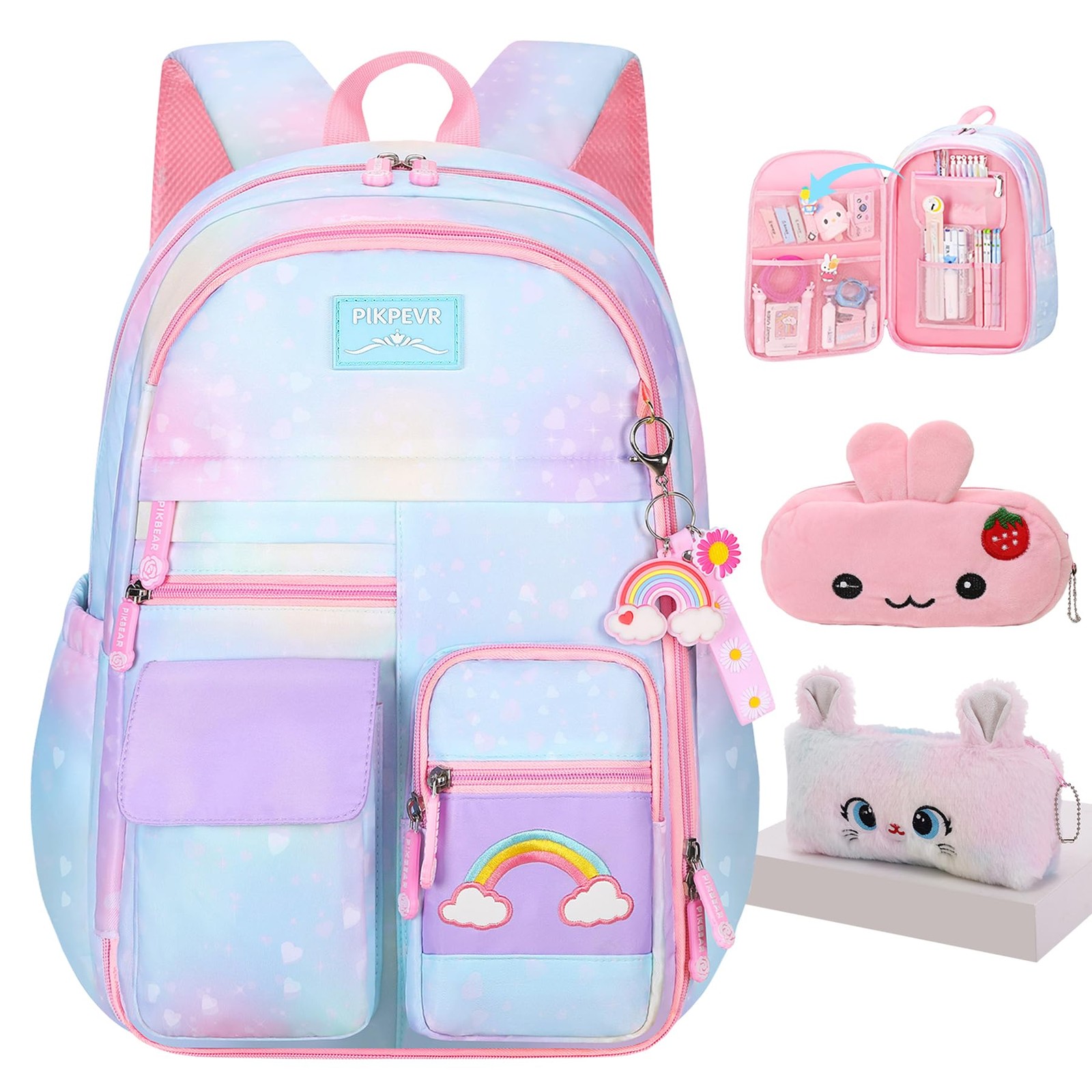 Rainbow Backpack For Girls ,Cute Student School Backpack With Pen Bag,Blue Ae…