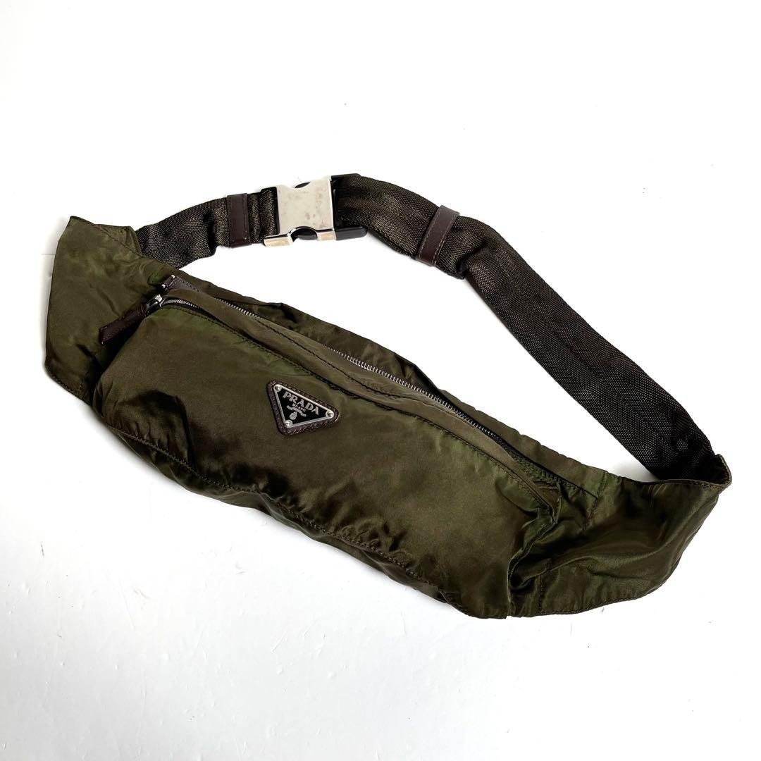 PRADA TESSUTO Nylon Body Bag Crossbody Waist Bag Khaki Triangle Plate