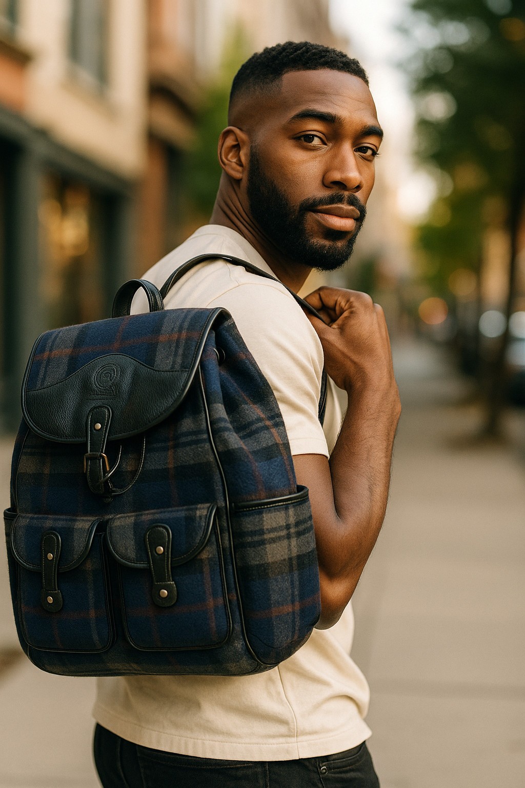 Men’s Ghurka Navy Plaid Wool Black Leather Blazer No. 278 Backpack New $1495
